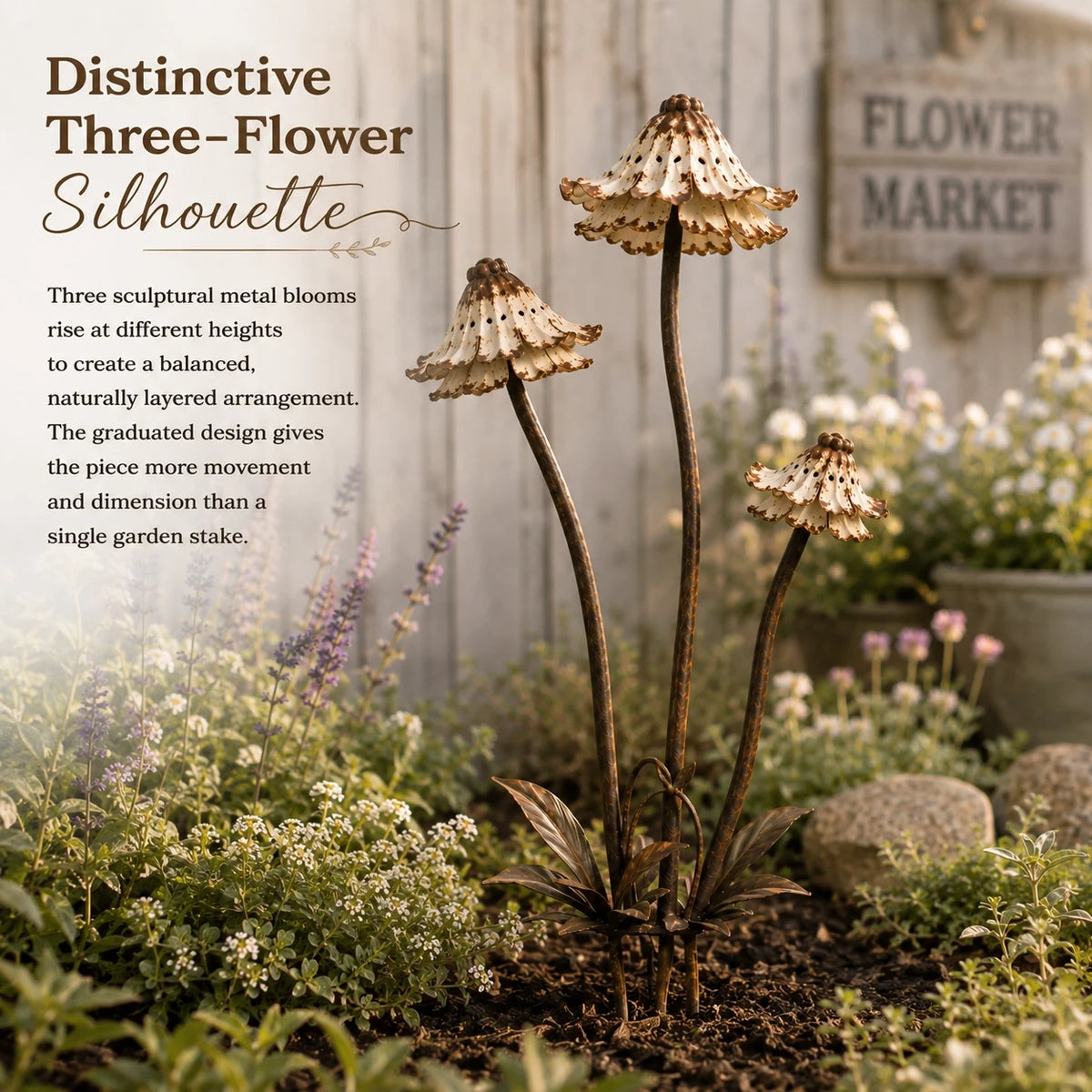 Three flower silhouette of vintage metal garden stake