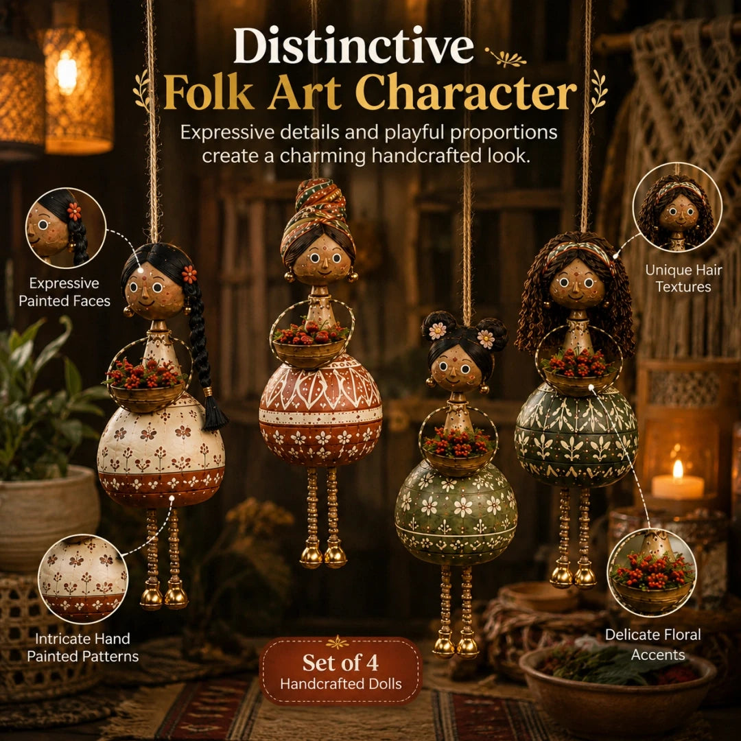 Handcrafted folk art hanging doll ornament set