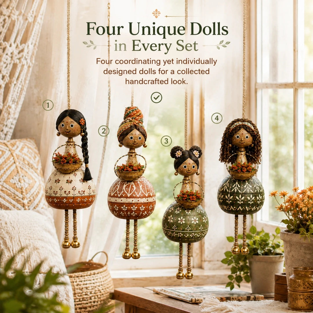 Four unique hanging dolls included in every set