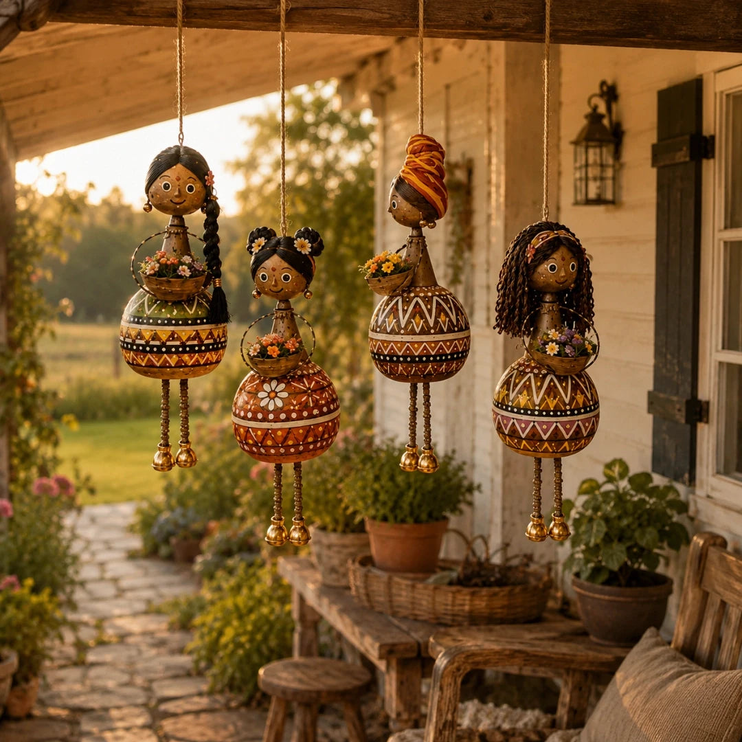 Folk art hanging dolls displayed on a farmhouse porch