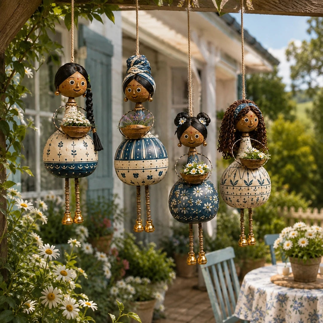Review image showing the blue meadow hanging doll set outdoors