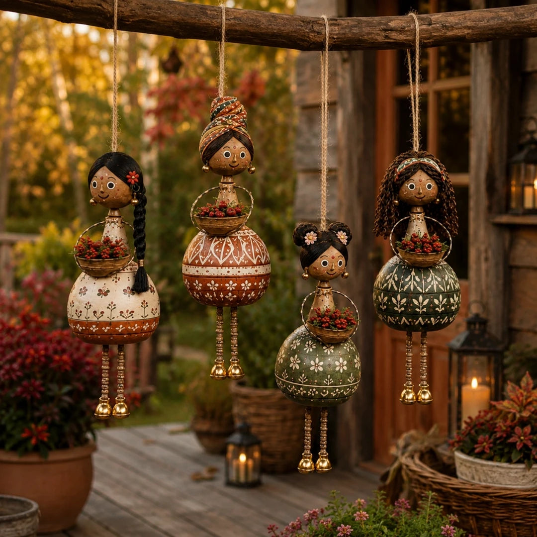 Review image showing the autumn folk doll set on a porch