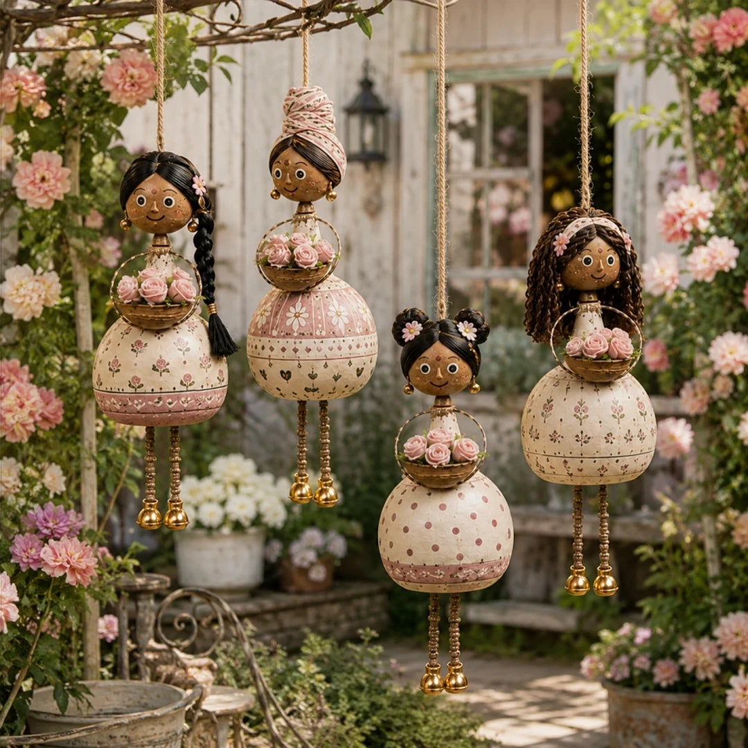 Folk art hanging doll ornaments in a blush floral style