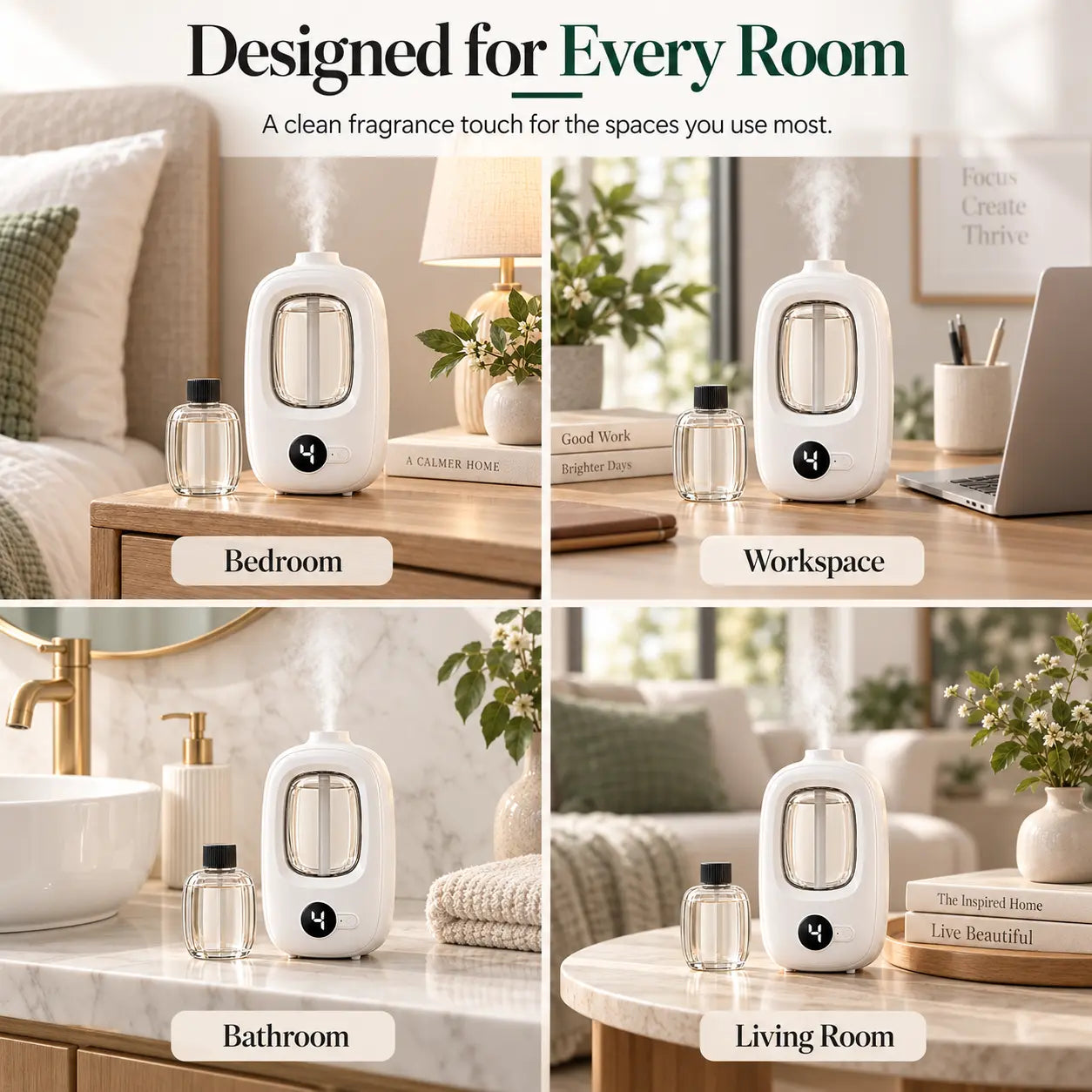 Fragrance diffuser shown in bedroom, workspace, bathroom, and living room