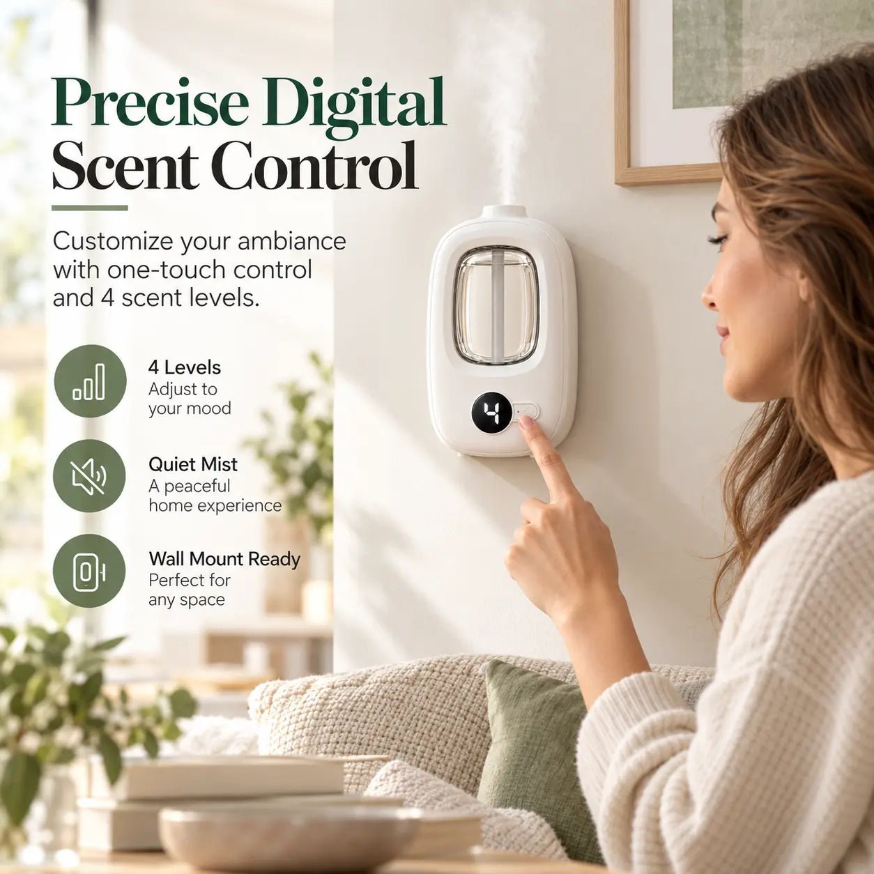 Woman adjusting the digital scent level on a wall-mounted diffuser