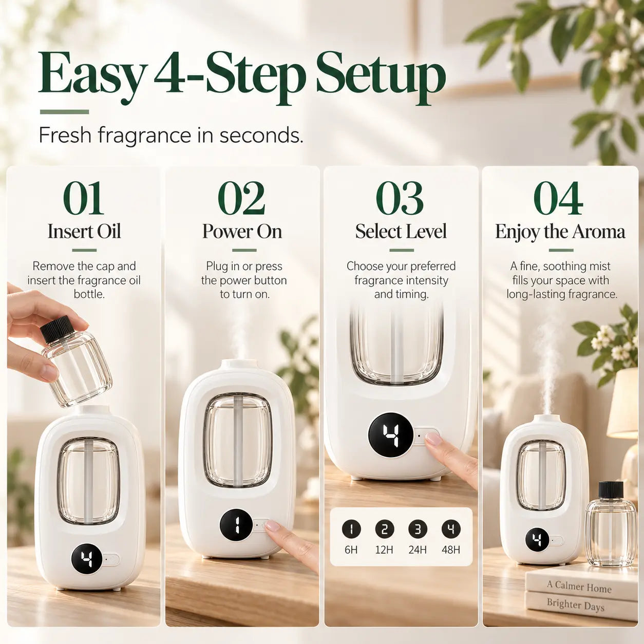 Four-step setup for inserting fragrance oil and selecting diffuser settings