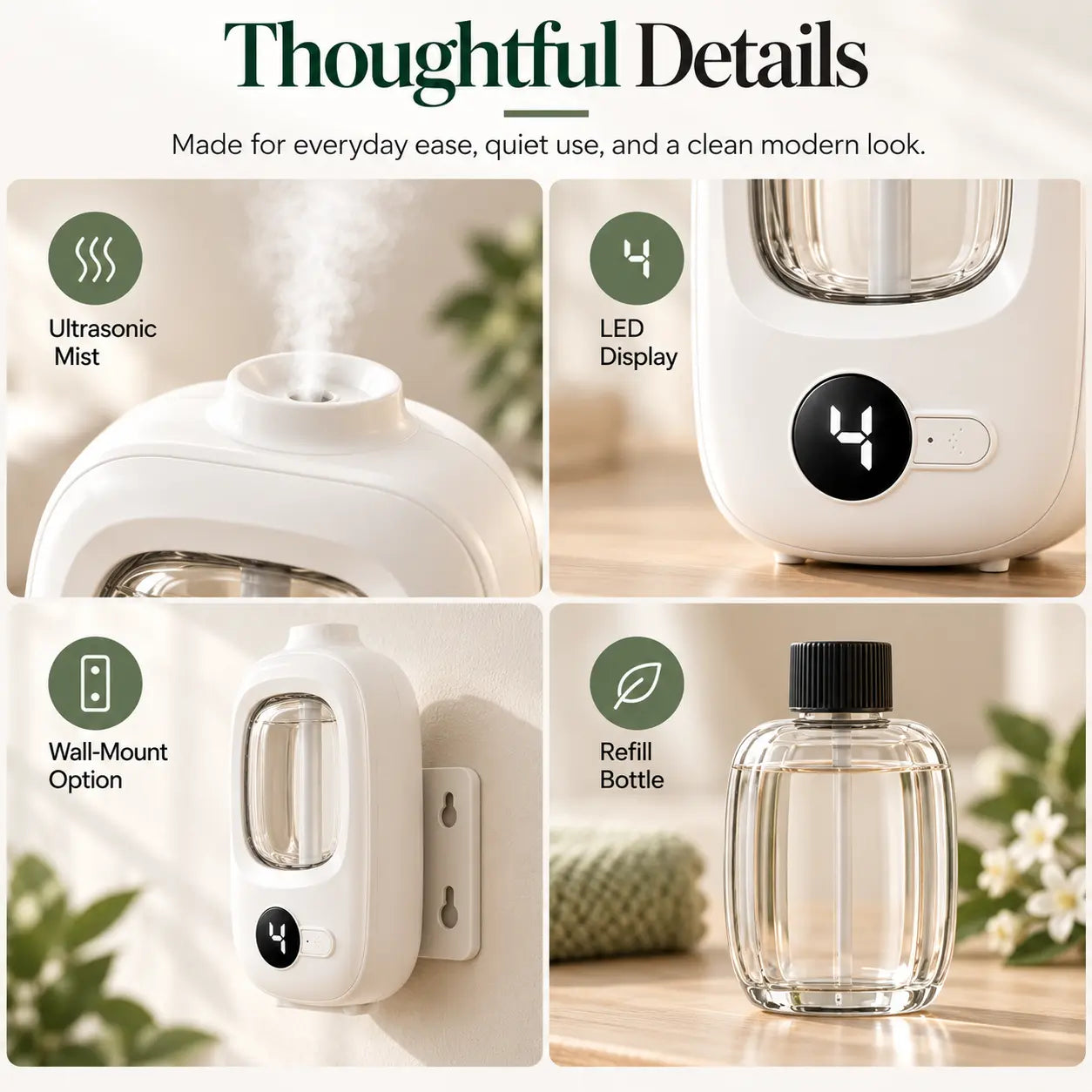 Close-up product details including mist outlet, LED display, wall mount, and refill bottle