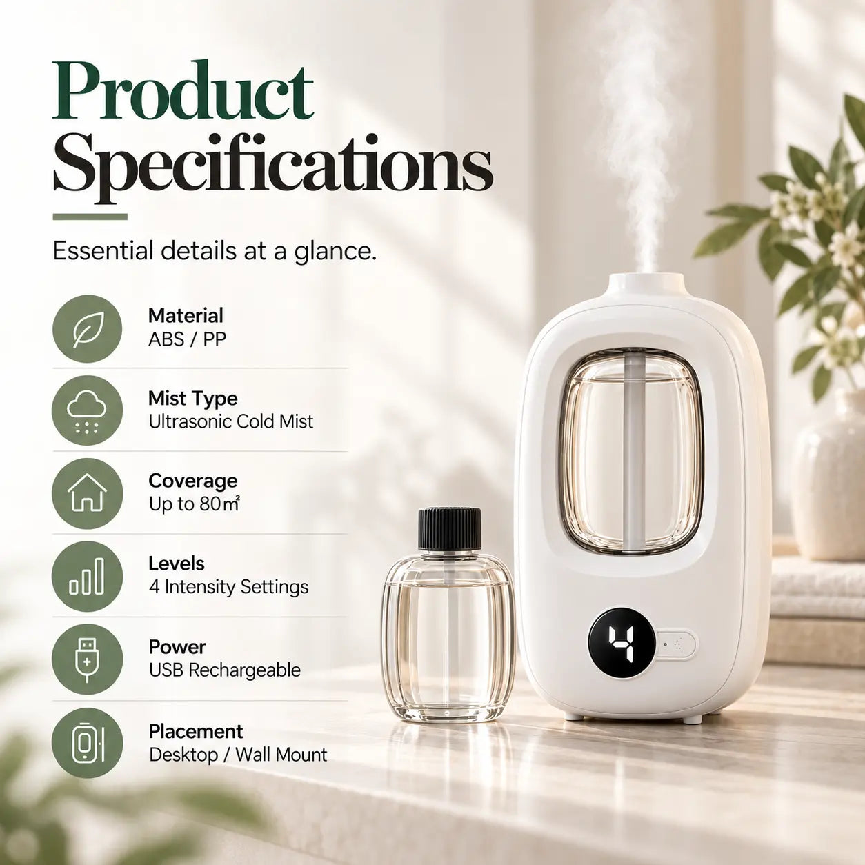 Product specifications for the rechargeable ultrasonic fragrance diffuser