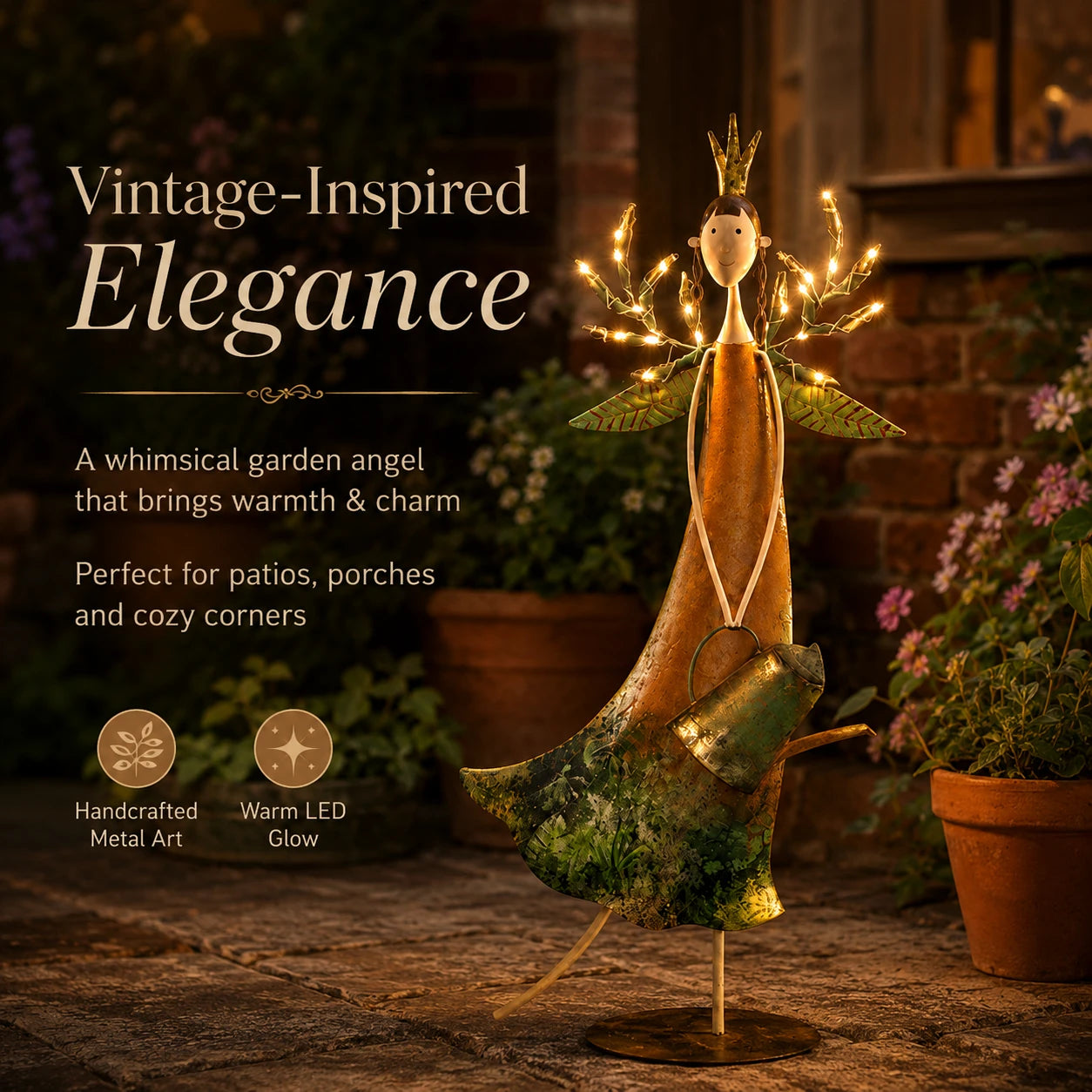Vintage-inspired glowing garden girl decor beside flowers at night