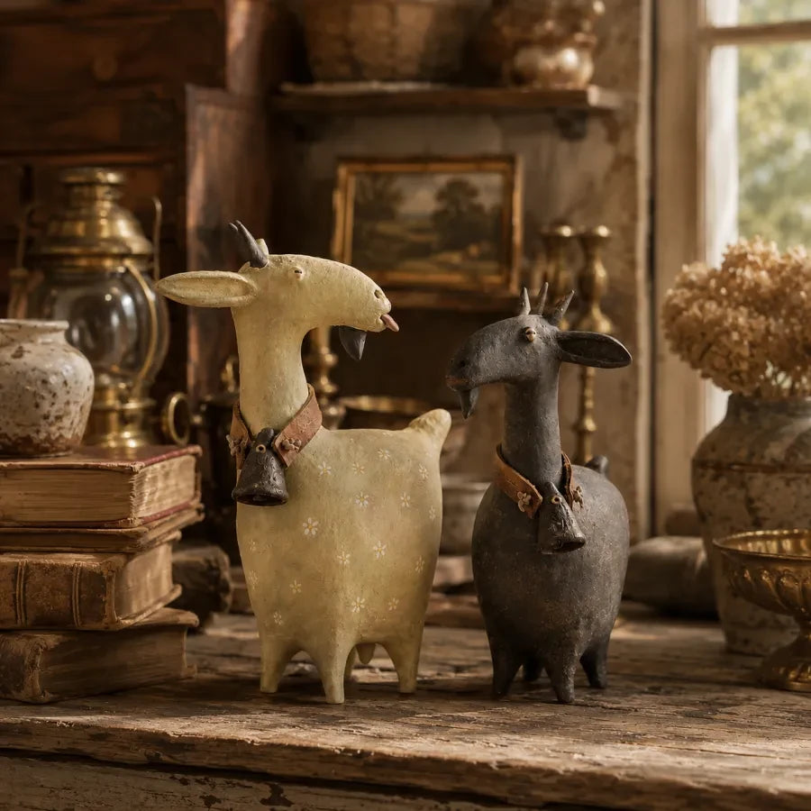 Vintage folk art farmhouse style goat figurines