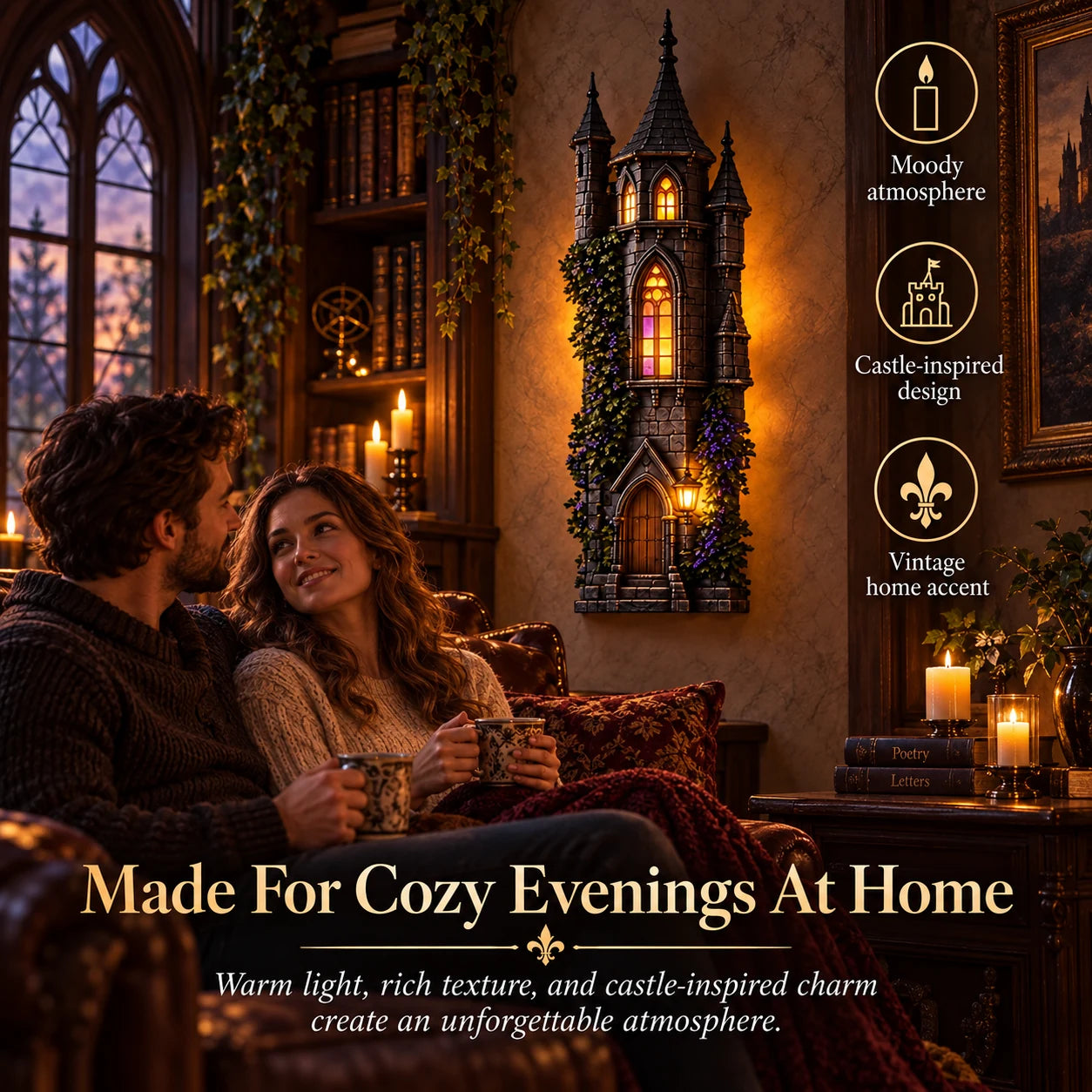 Cozy evening scene with gothic castle wall accent
