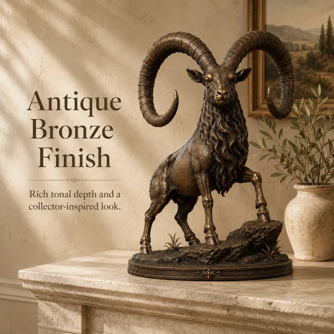 Vintage Grand Horn Ram Sculpture with rich antique bronze finish