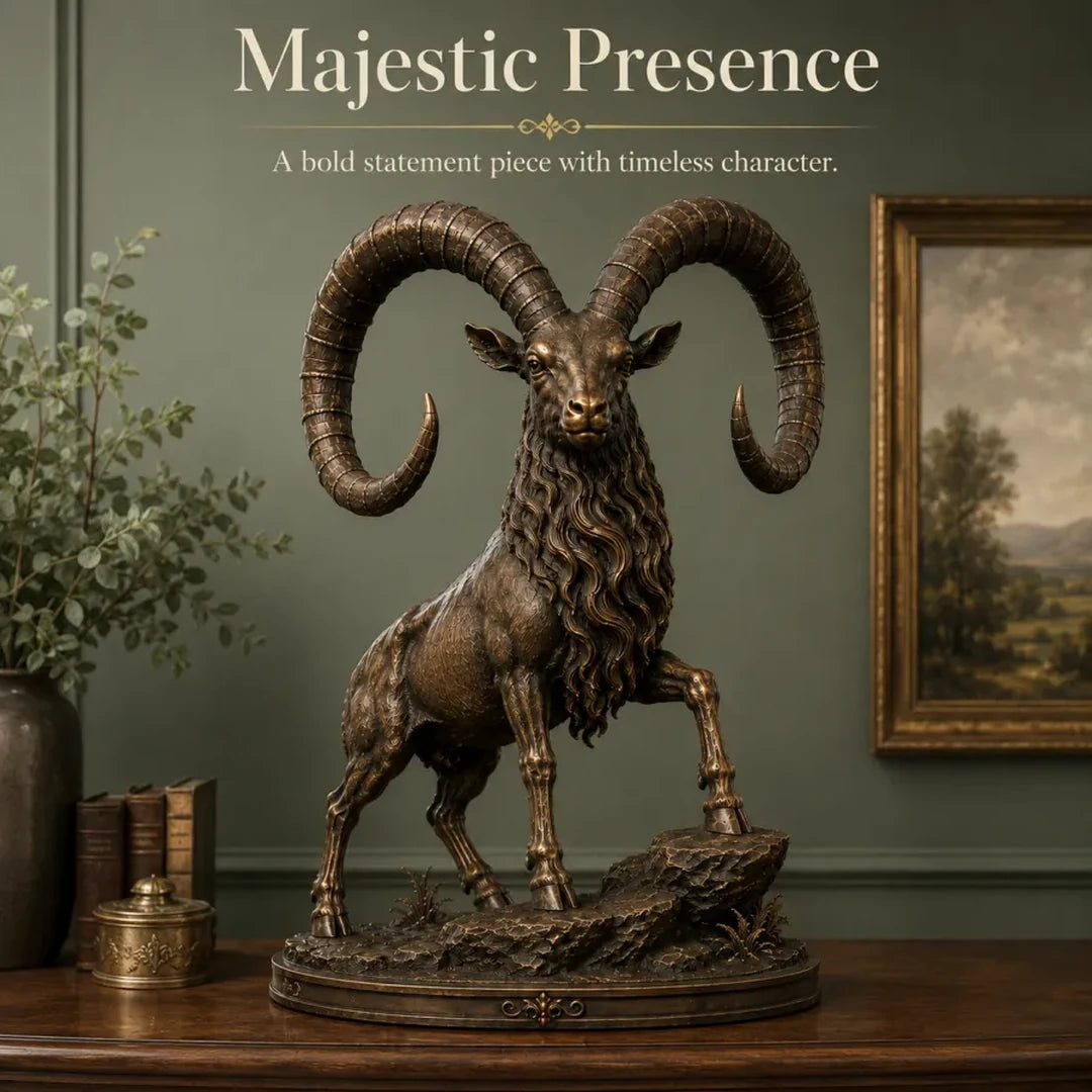 Vintage Grand Horn Ram Sculpture displayed as a statement decor piece