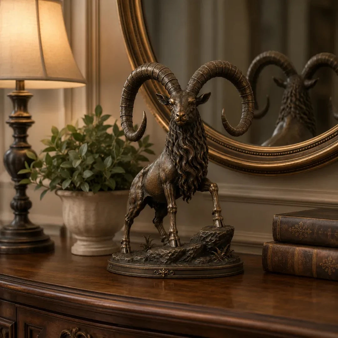 Sample customer review image showing the ram sculpture beside a lamp and mirror