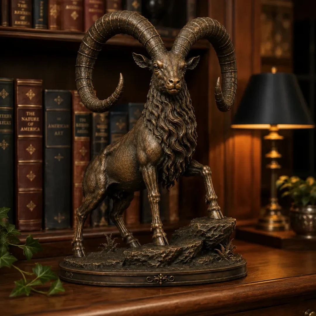 Sample customer review image showing the ram sculpture in a study or library setting