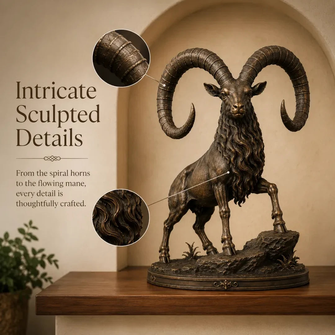 Detailed view of the horns and flowing mane on the Grand Horn Ram Sculpture