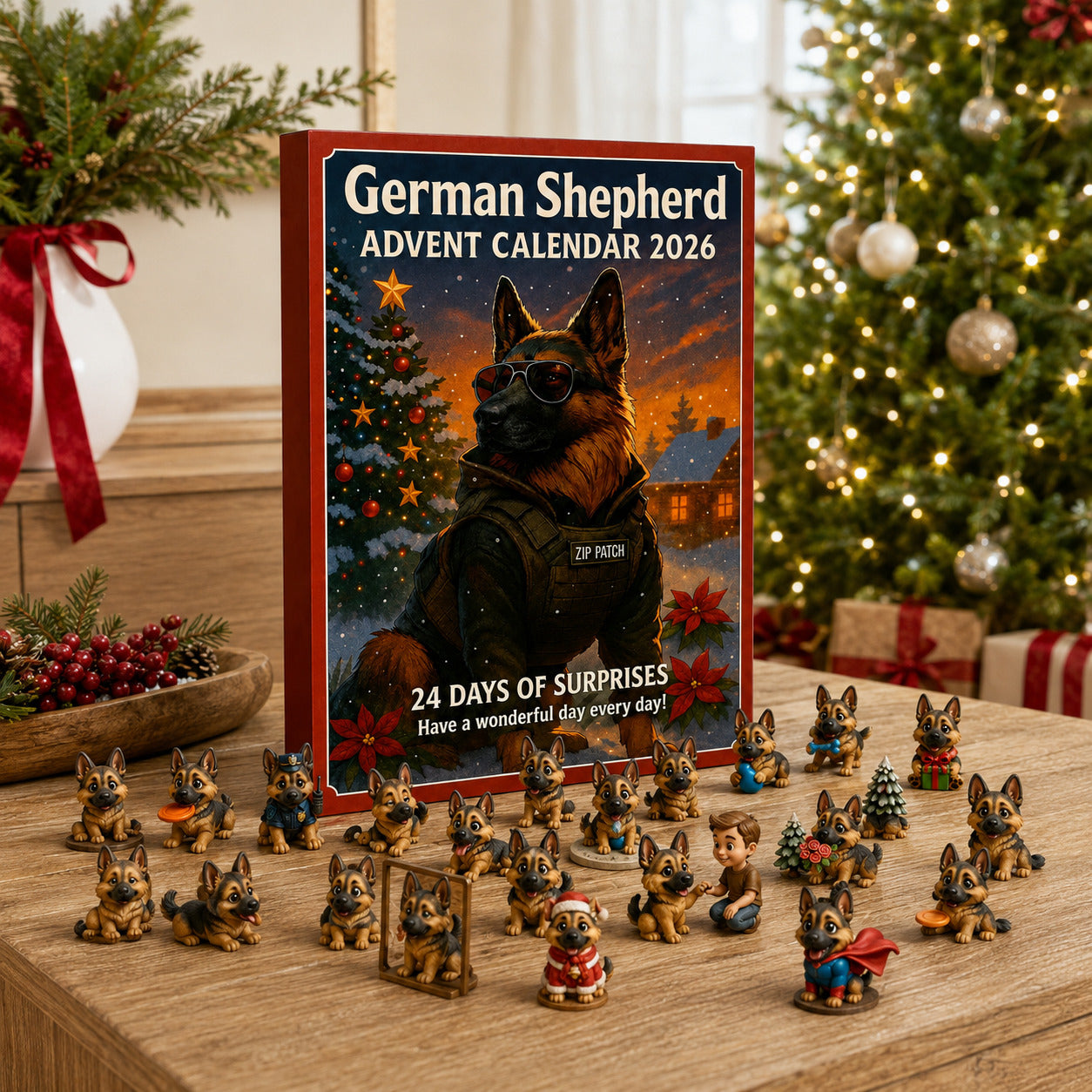 German Shepherd Advent Calendar with miniature dog figurines in a bright Christmas room