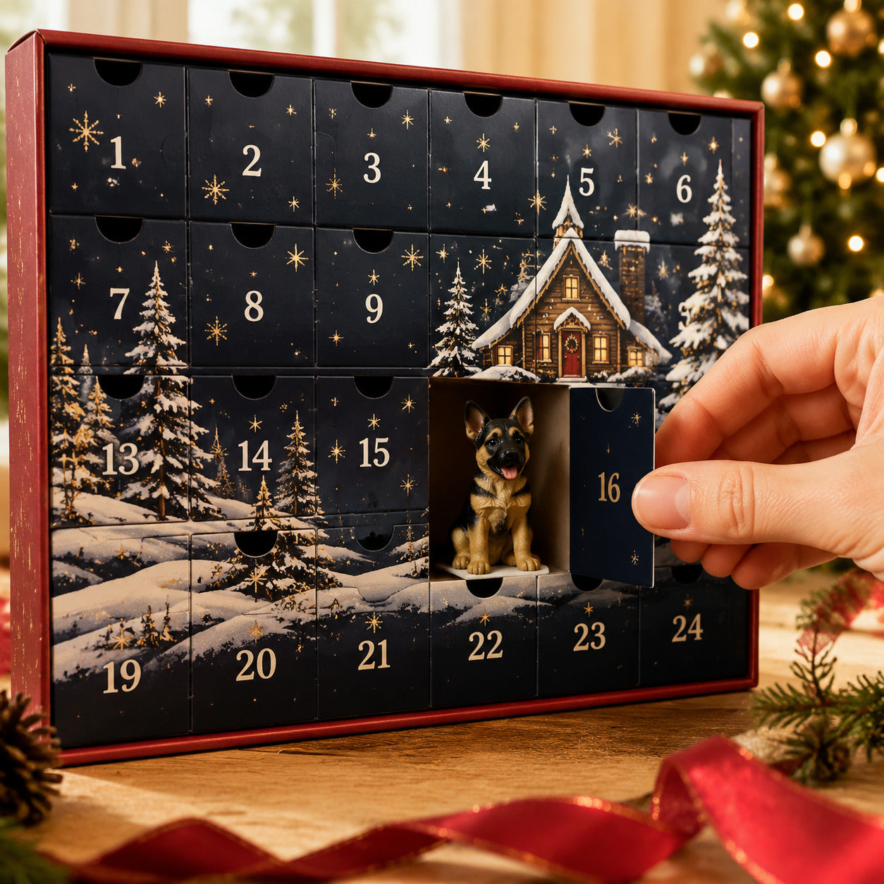A numbered advent calendar door opening to reveal a miniature German Shepherd figurine
