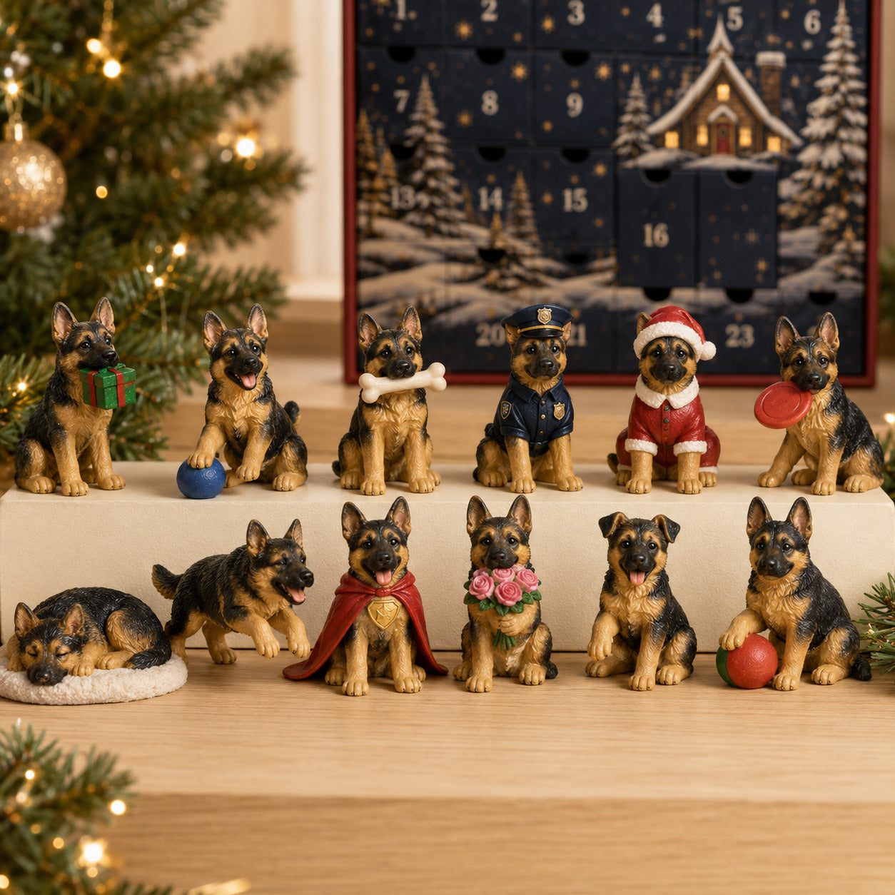 Collection of German Shepherd miniature characters in different playful poses