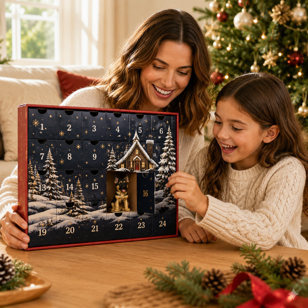 Mother and child sharing the German Shepherd Christmas countdown calendar