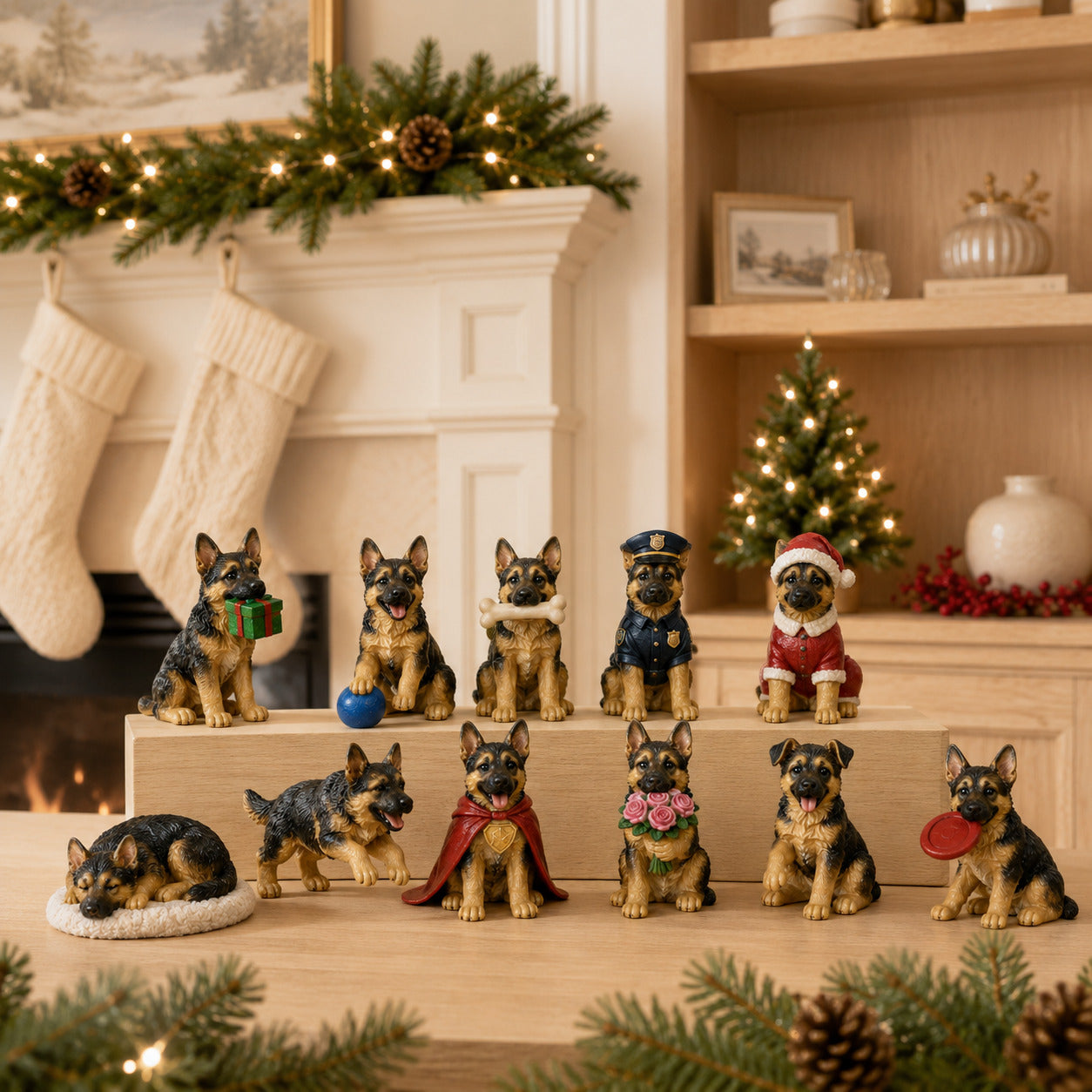 Miniature German Shepherd figurines displayed on an elegant holiday mantel