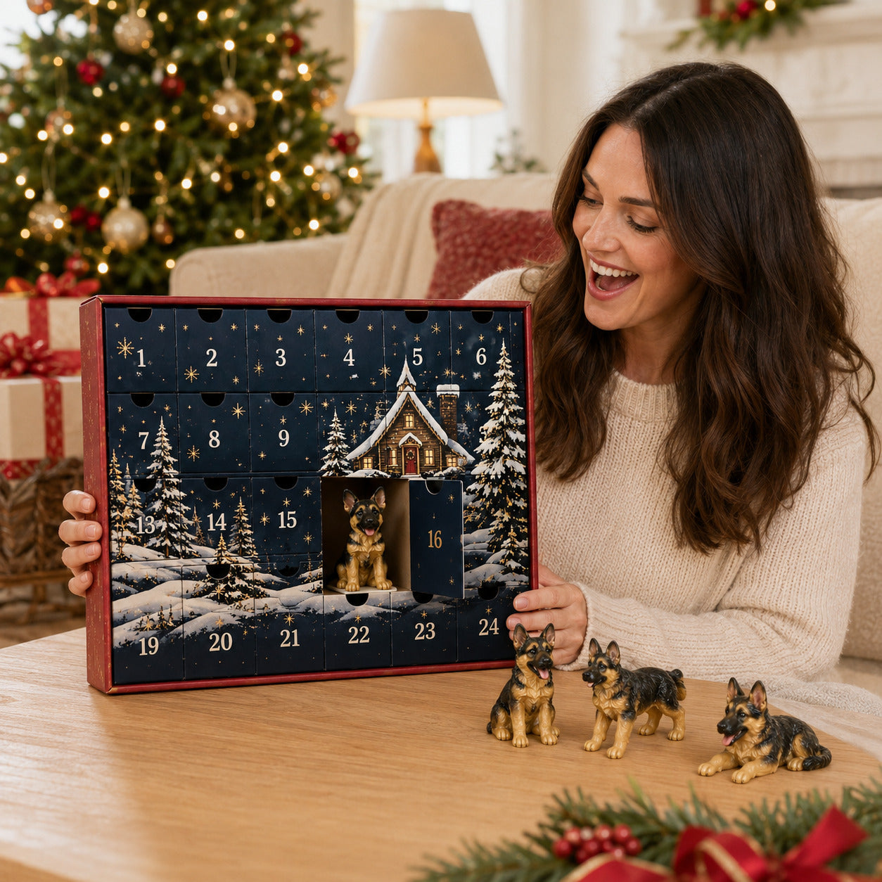German Shepherd lover receiving the advent calendar as a Christmas gift