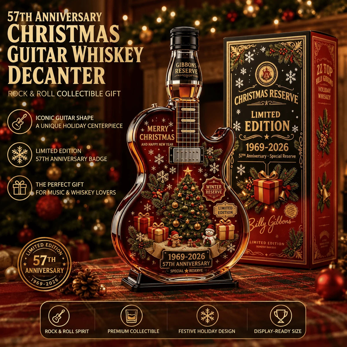 57th anniversary guitar collectible displayed in a Christmas setting