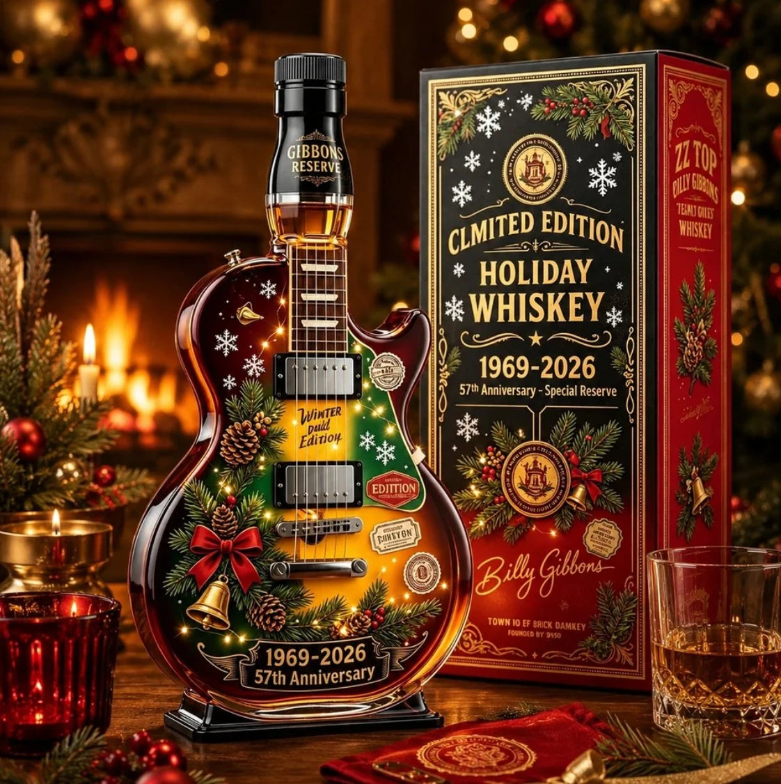 Christmas guitar collectible displayed in a warm holiday room