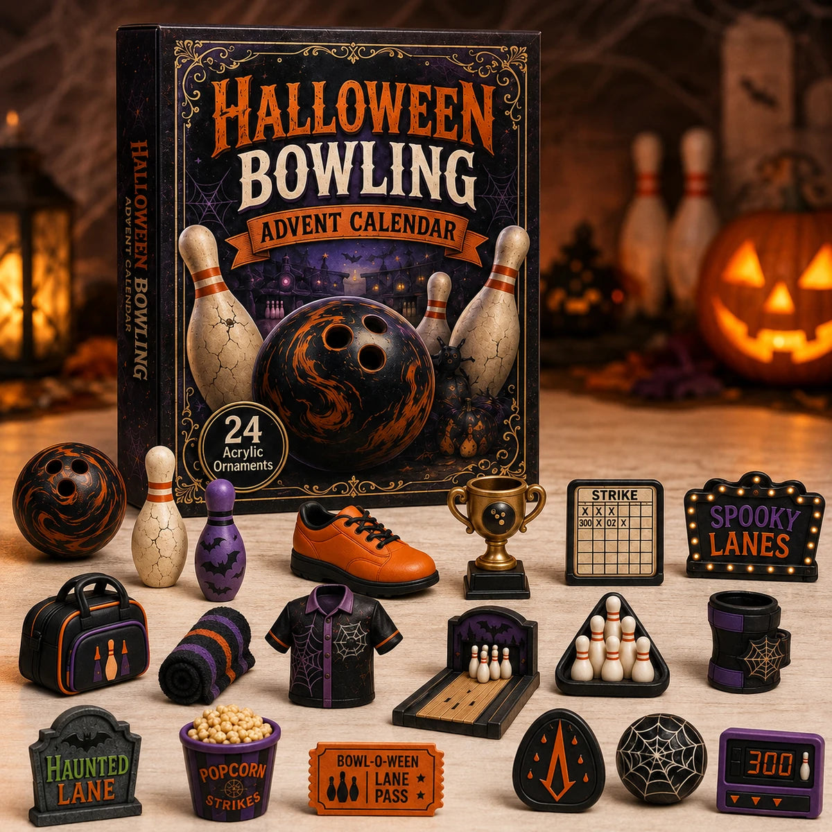 Close-up of Halloween bowling collectibles