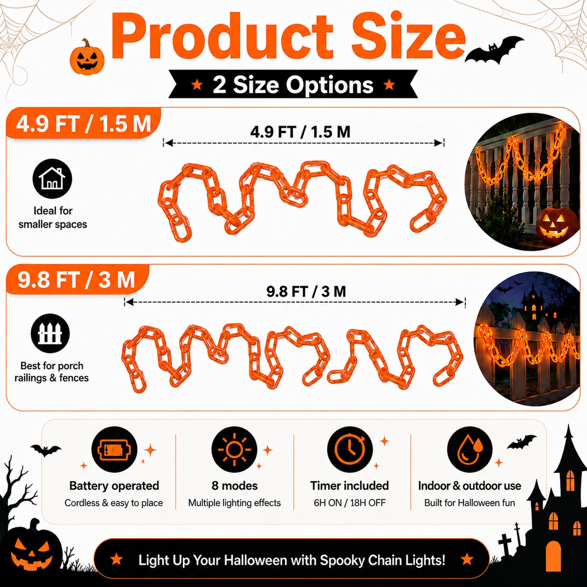 Halloween chain garland size guide showing 4.9 ft and 9.8 ft options