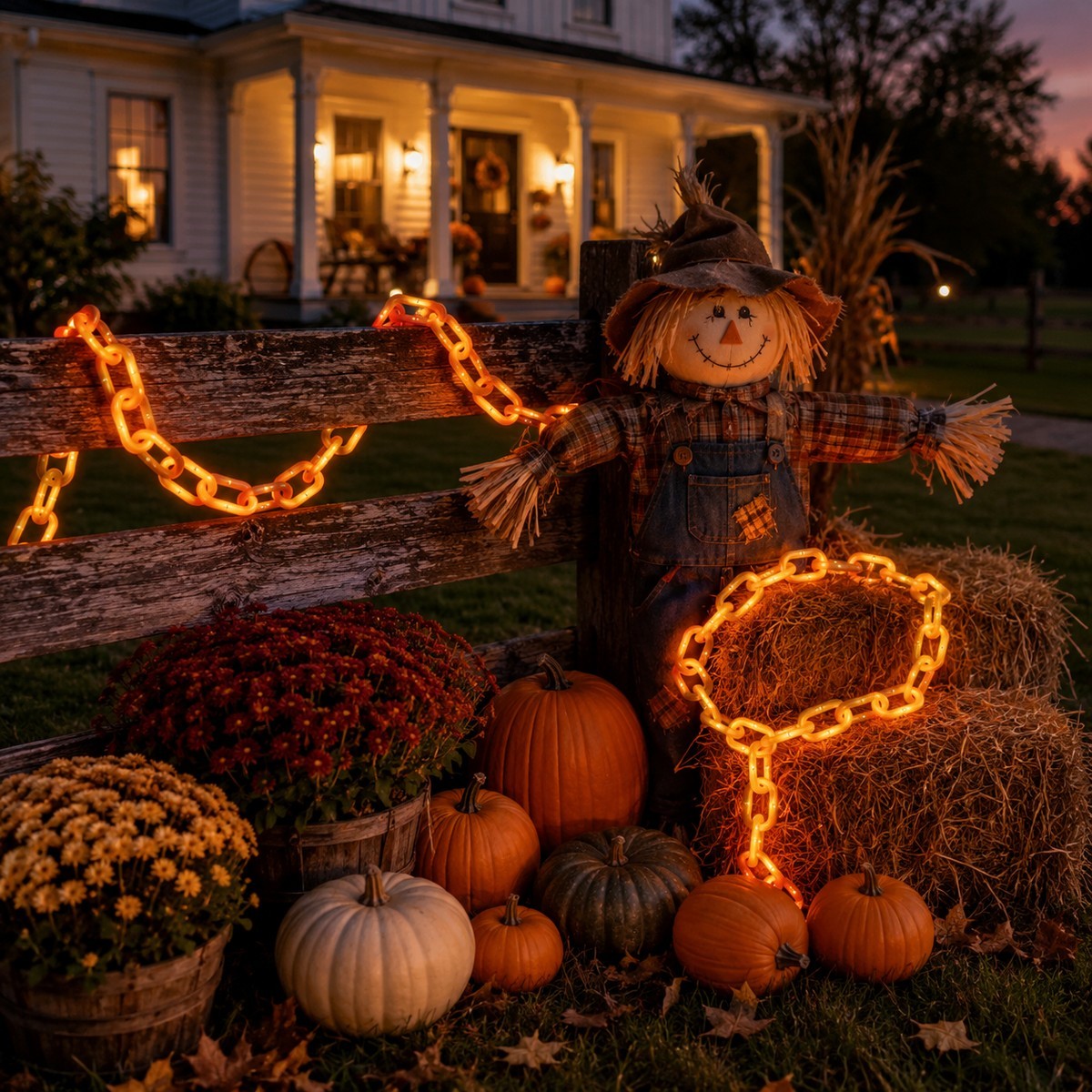 Halloween chain garland styled with pumpkins and a scarecrow outdoors
