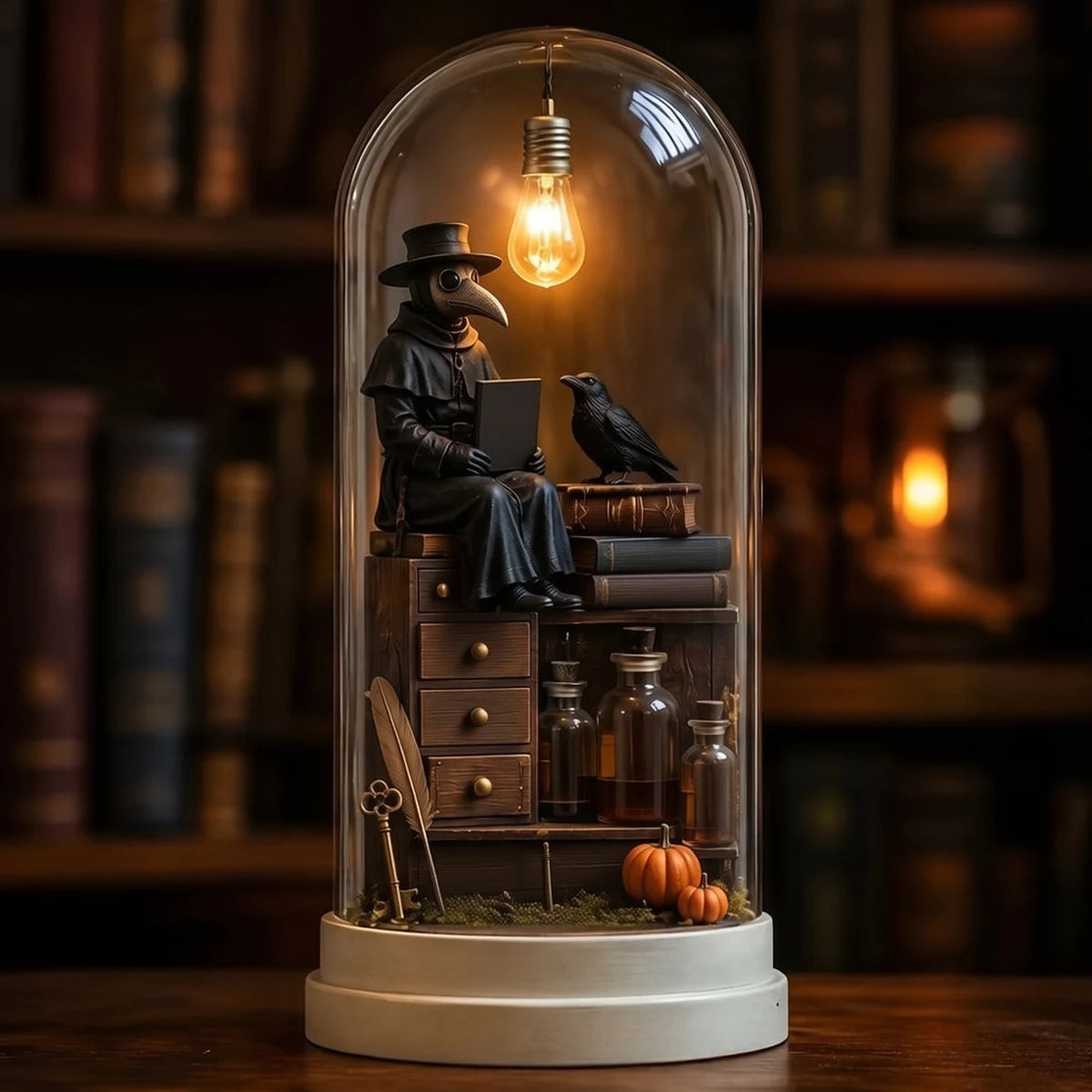 Plague doctor Halloween miniature dome with warm light