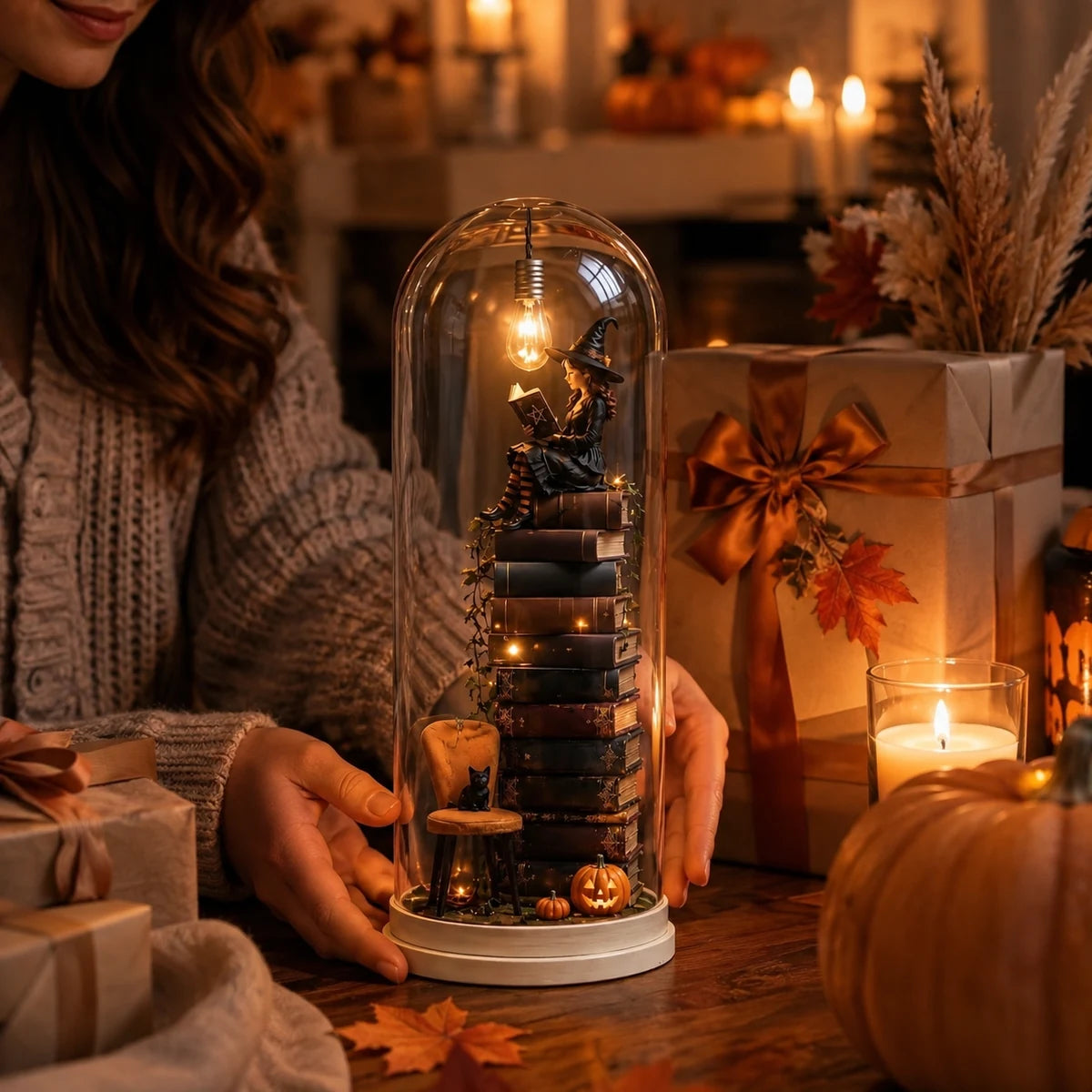 Woman holding witch Halloween glass dome beside wrapped gifts