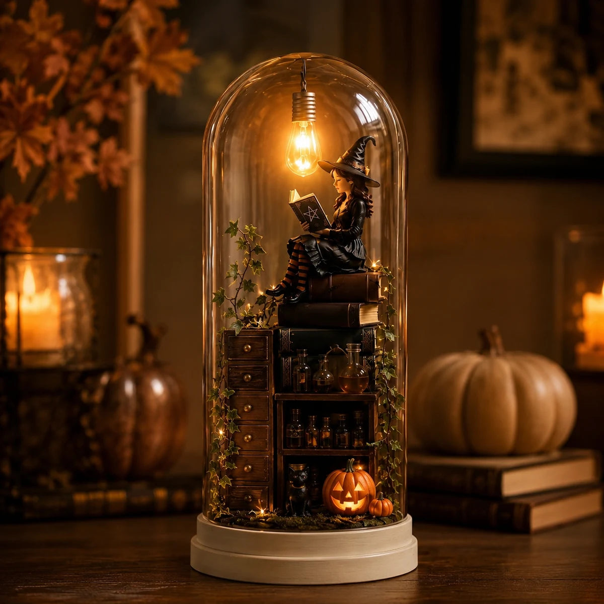 Lighted witch reading miniature Halloween dome