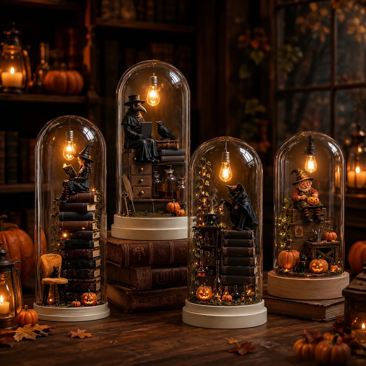 Four Halloween glass dome miniature lamp styles together