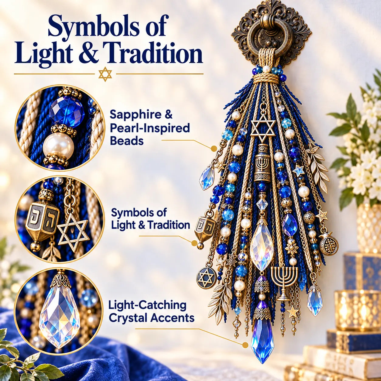 Detailed view of Hanukkah symbols, blue beads, pearl-inspired beads and crystal accents