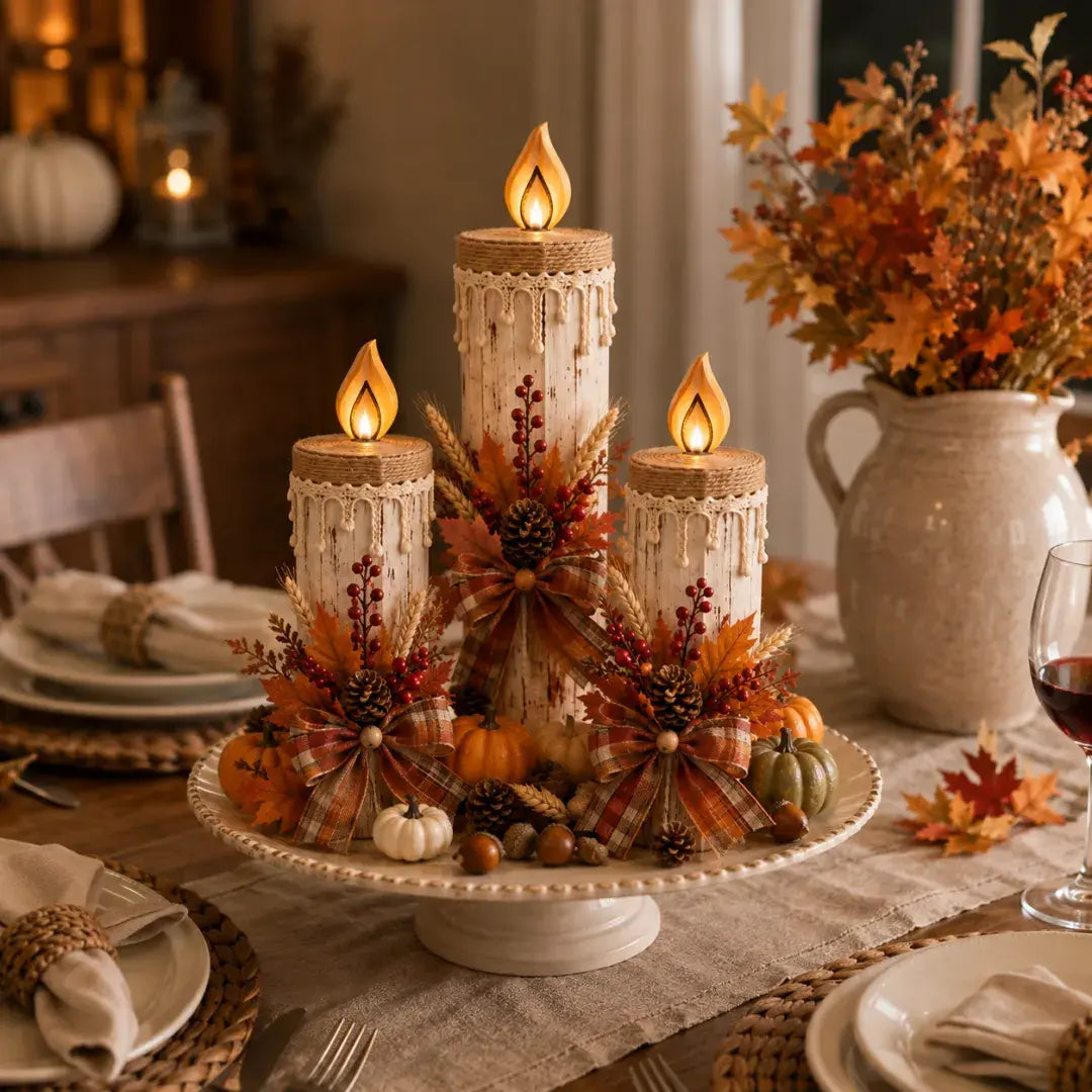 Harvest Glow Candle Trio arranged as an autumn dining table centerpiece