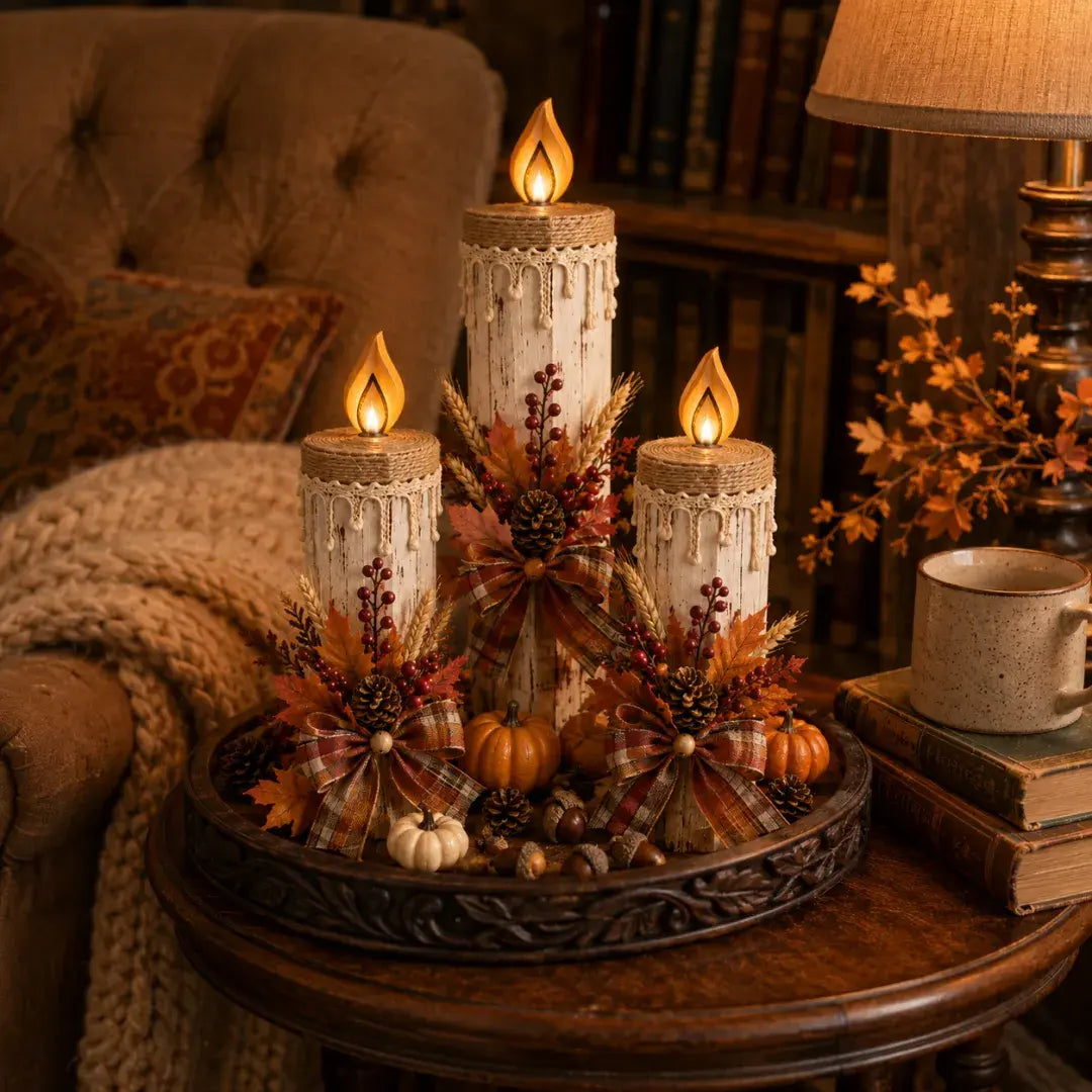 Harvest Glow Candle Trio glowing beside a cozy chair and books