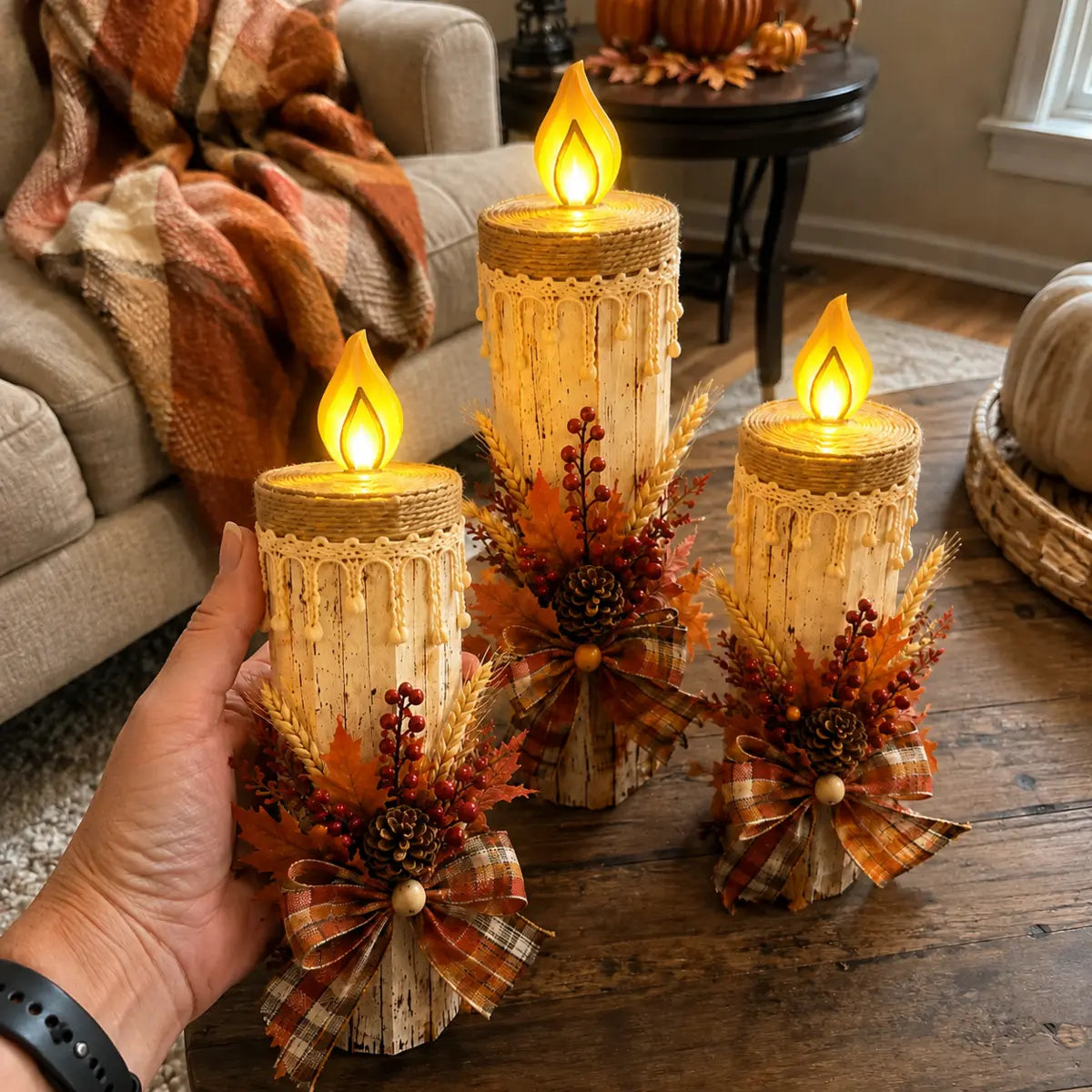 Sample customer holding one Harvest Glow decoration