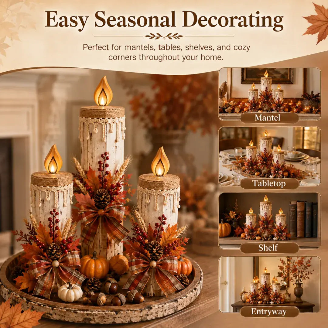 Harvest Glow Candle Trio shown on mantels, tables, shelves, and entryways