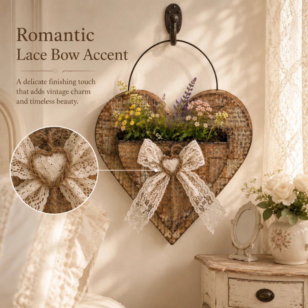 Ivory lace bow detail on vintage heart wall planter