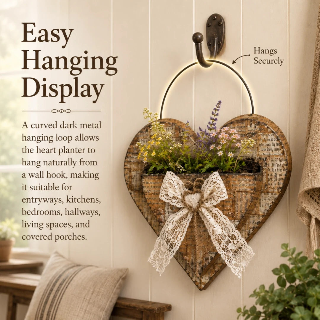 Dark metal loop hanging the heart planter securely from a wall hook
