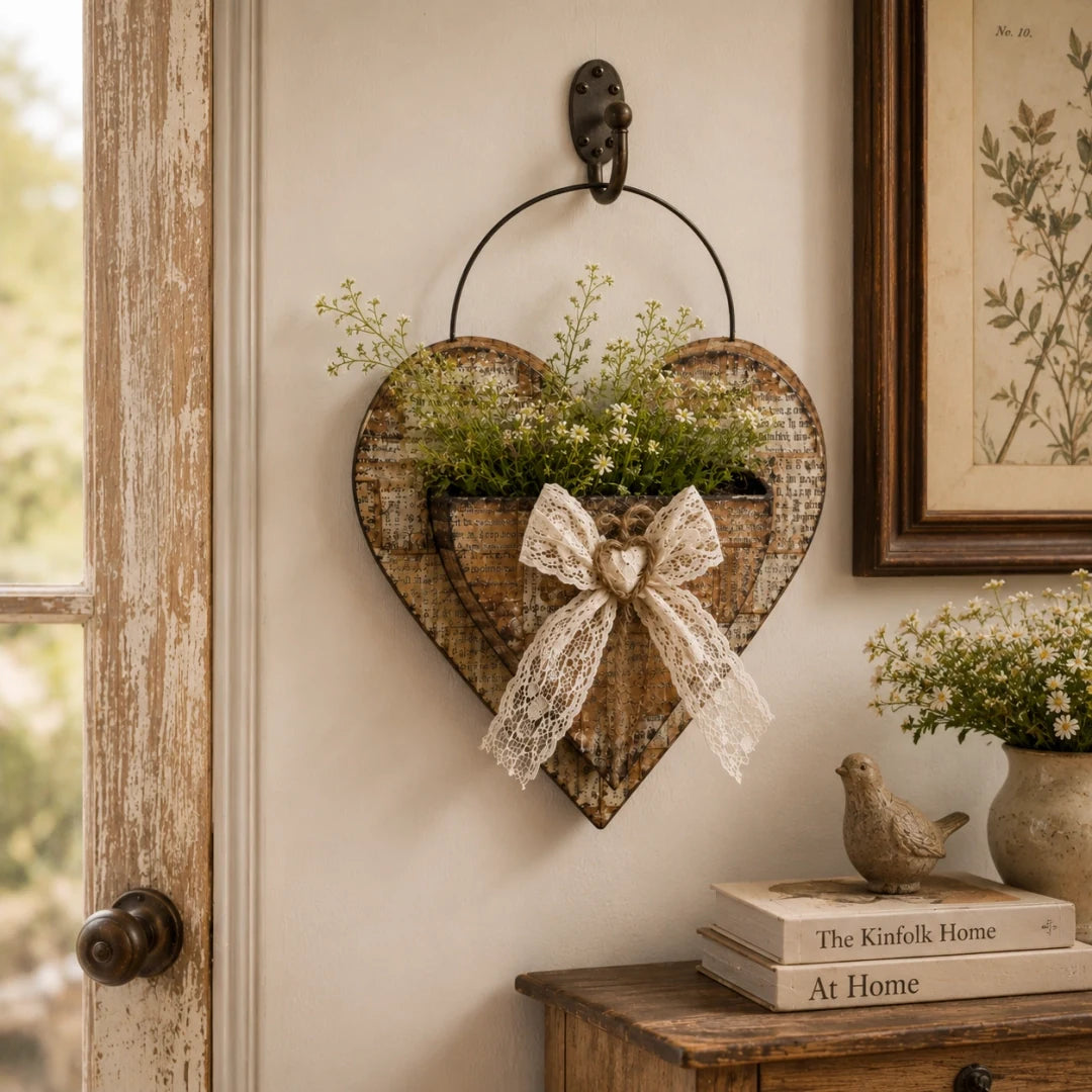 Vintage heart shaped hanging wall planter displayed in a warm farmhouse interior