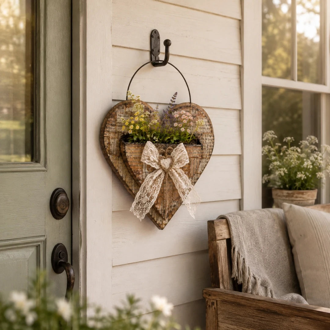 Heart planter styled on a covered porch