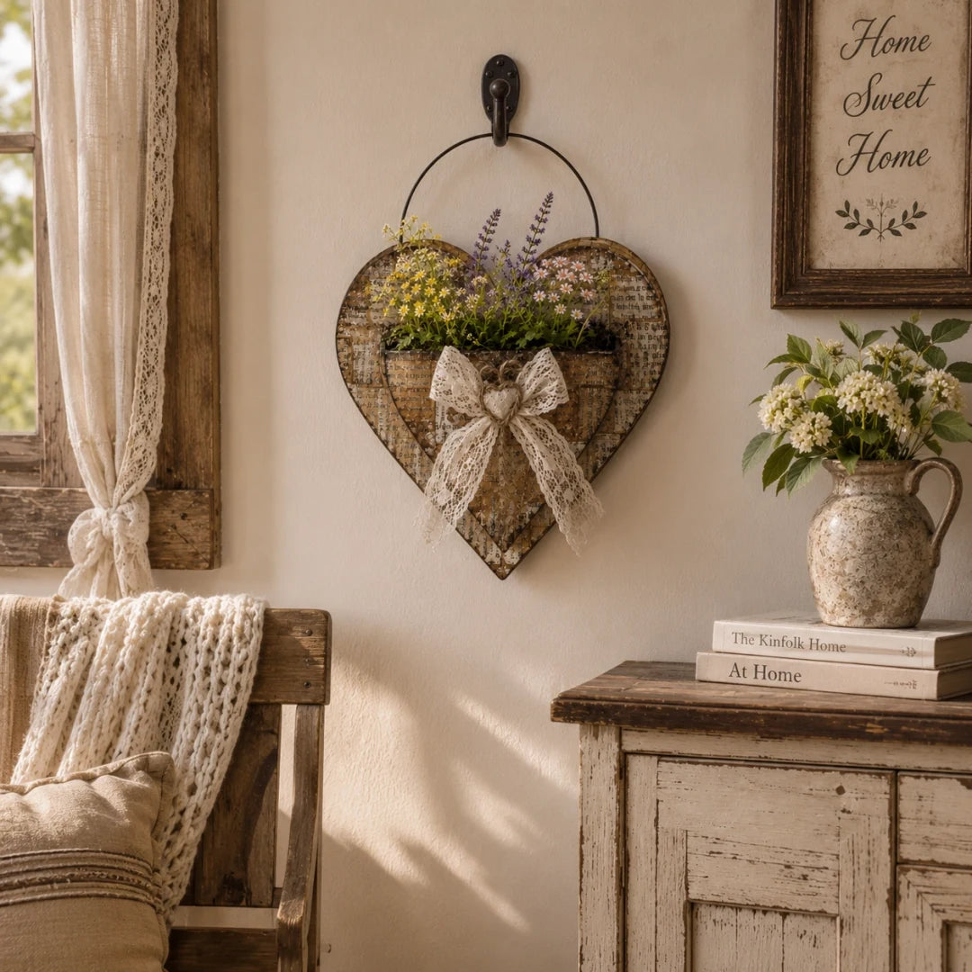 Vintage heart planter styled in a warm farmhouse living room