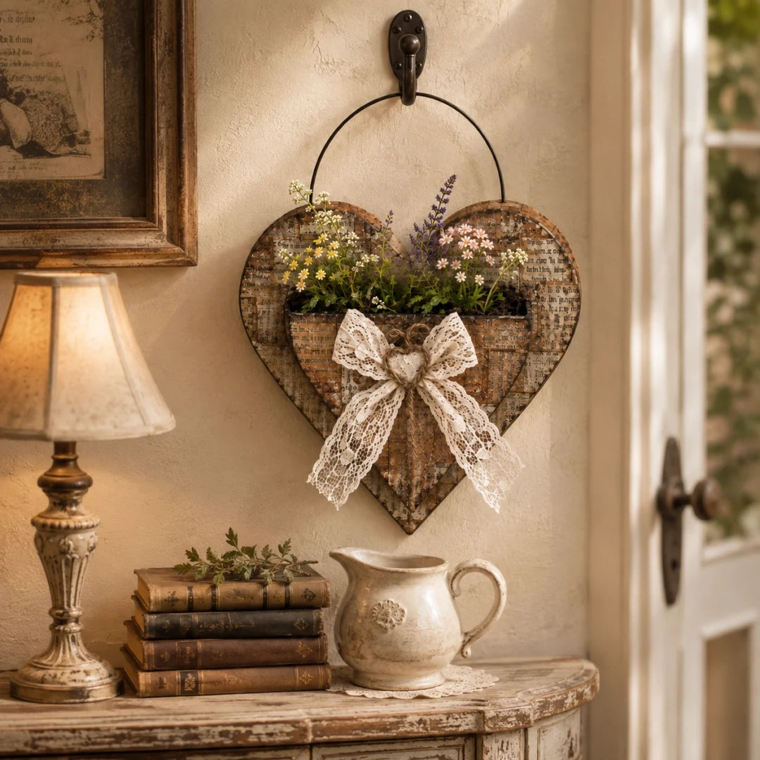 Heart wall planter displayed above a vintage entryway table