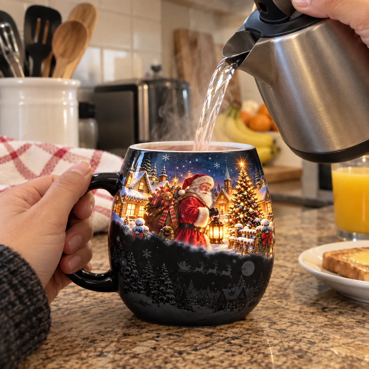 Customer pouring hot water into Christmas heat reveal mug