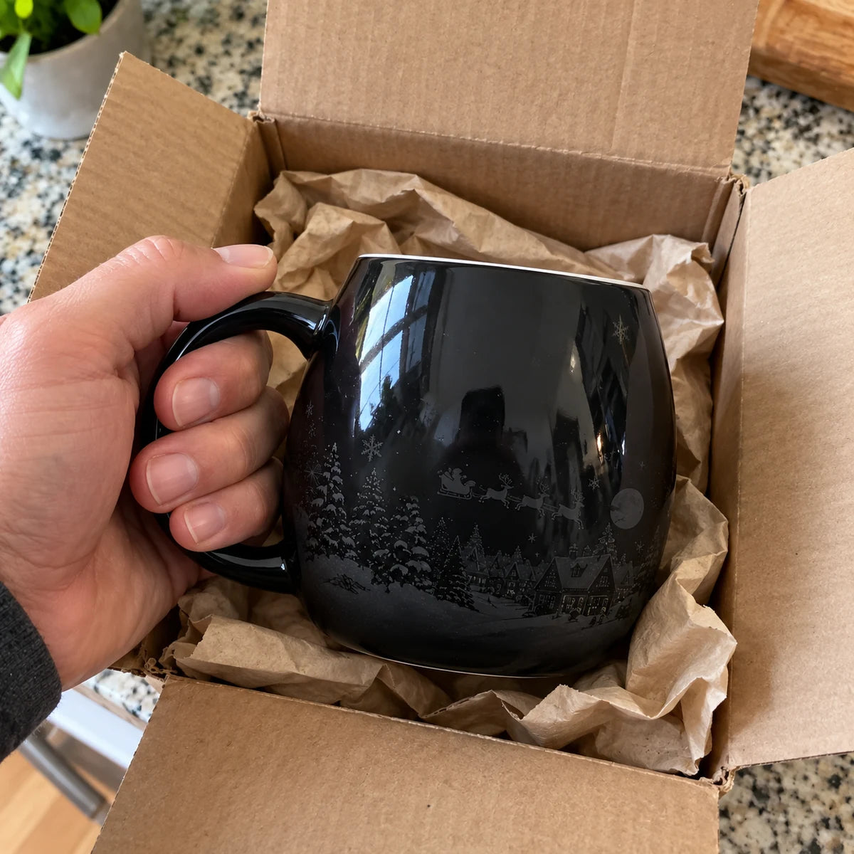Christmas heat reveal mug in shipping box before hot water is added