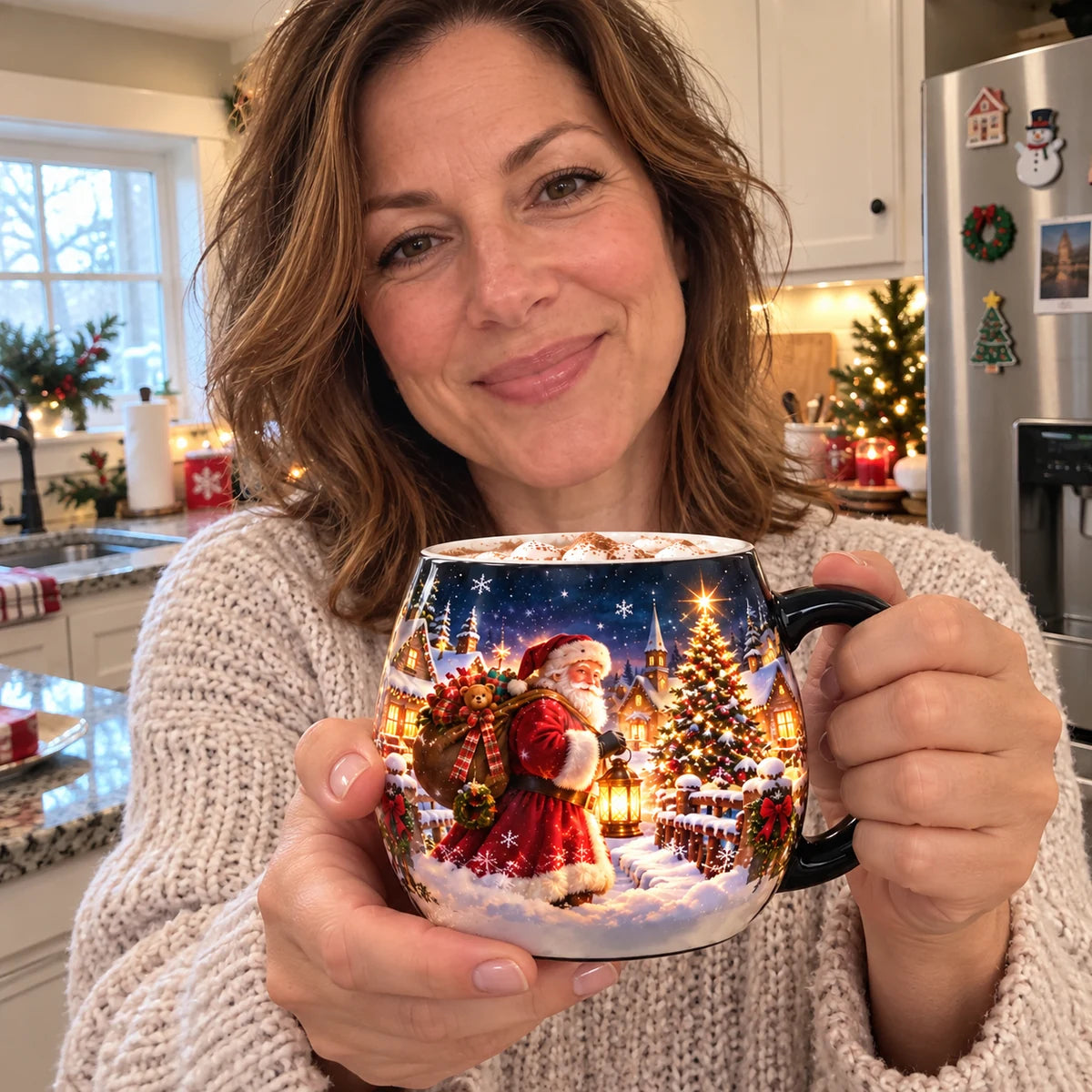 Customer holding colorful Christmas heat reveal mug in a kitchen