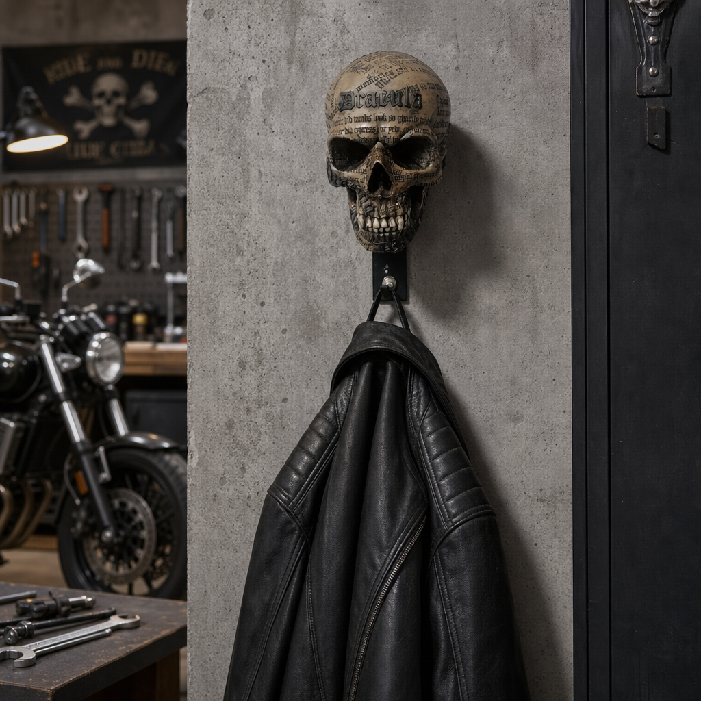 💀Skull Motorcycle Helmet Holder – Punk Skull Wall Mount Rack for Helmets, Jackets & Garage Decor
